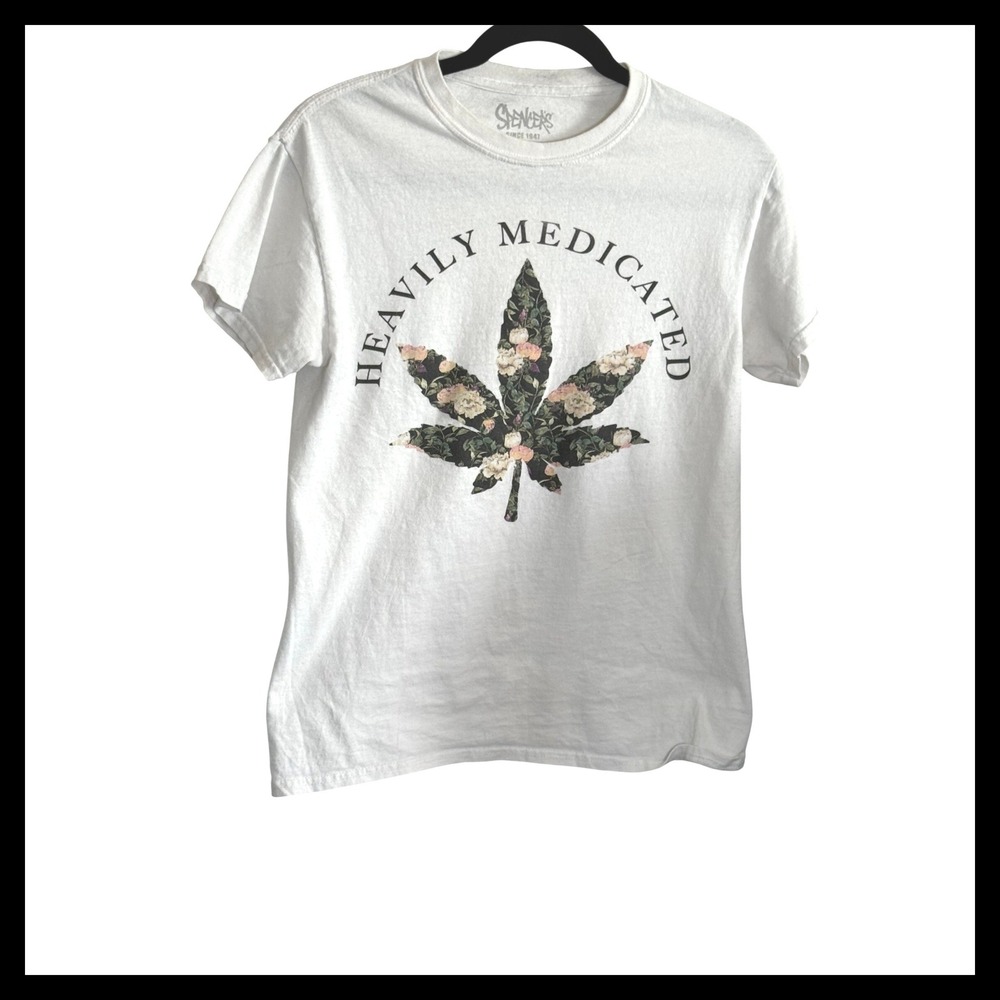 Spencers‎ Heavily Medicated Floral Cannabis Leaf Graphic T-Shirt White Small